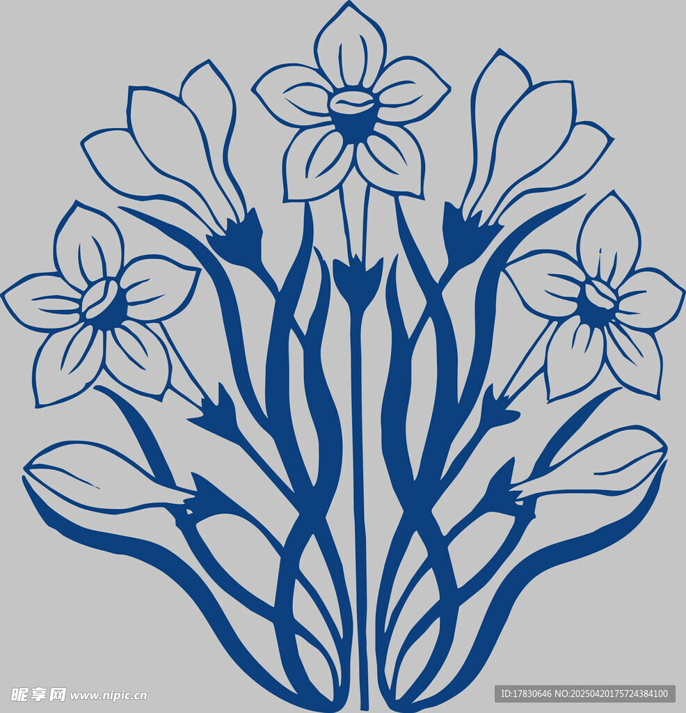 藍(lán)色花卉線(xiàn)條裝飾圖案