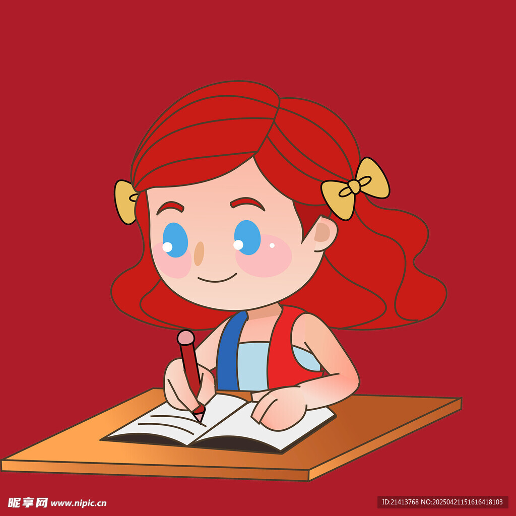 紅發女孩專注桌前寫作業