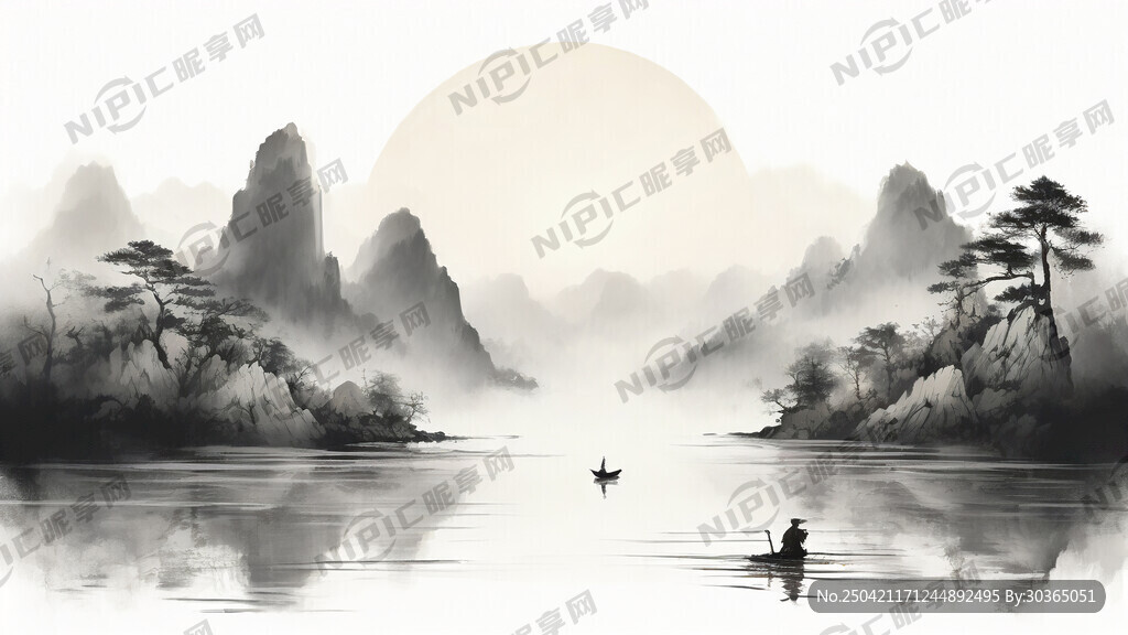 新中式線描山水閣樓圖