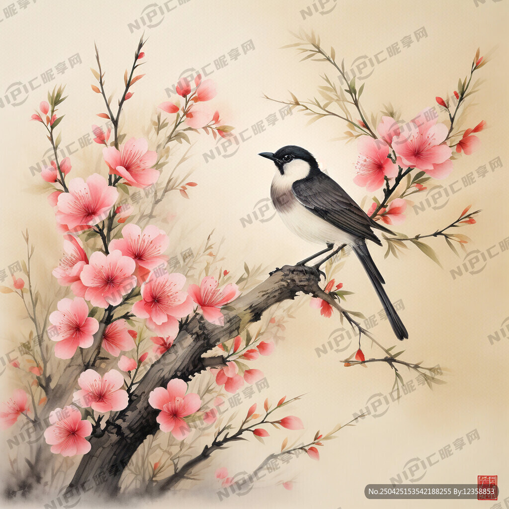這是一幅中式工筆畫  桃葉  