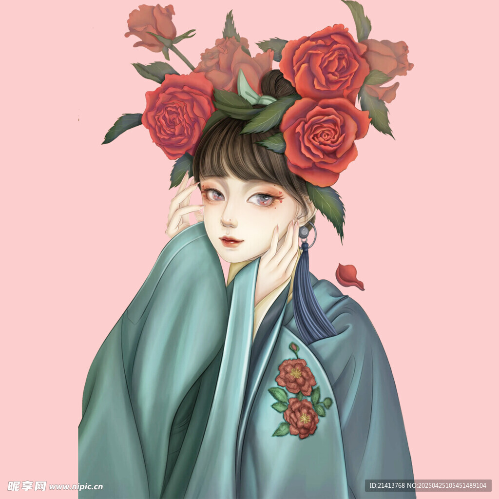 古風美人簪花圖