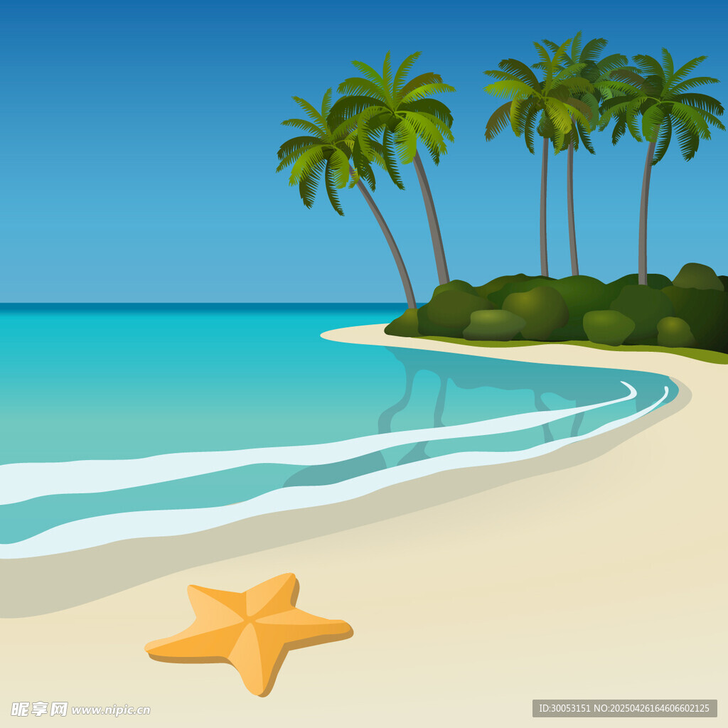 海灘上的海星與棕櫚樹