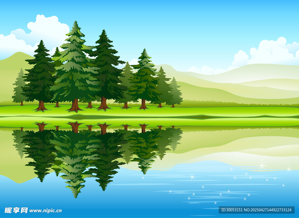 寧靜湖畔綠樹倒影美景