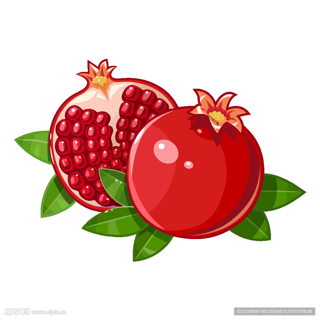 兩個紅石榴帶綠葉插畫