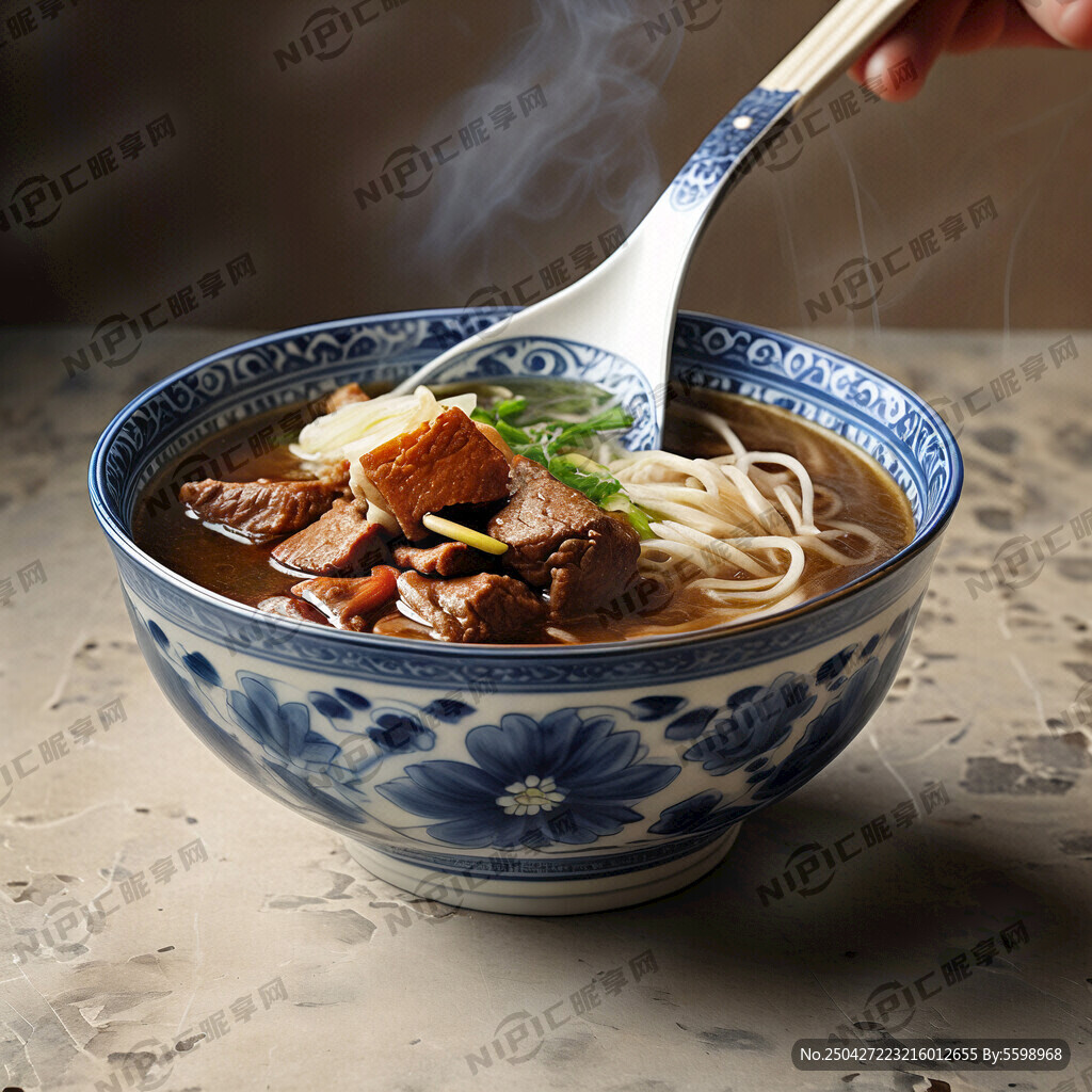 青花瓷碗 熱騰騰大碗牛肉湯