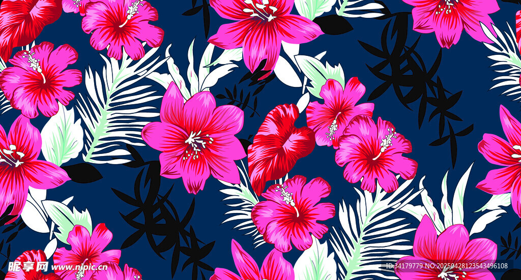 深藍底粉色花卉圖案