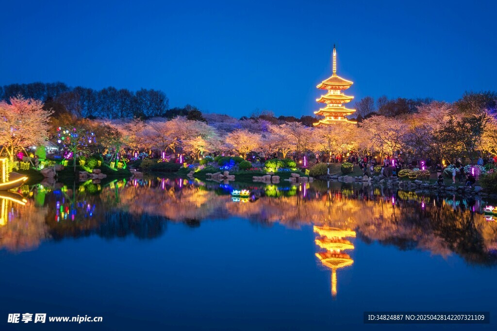 西湖夜景中的寶塔與繁花