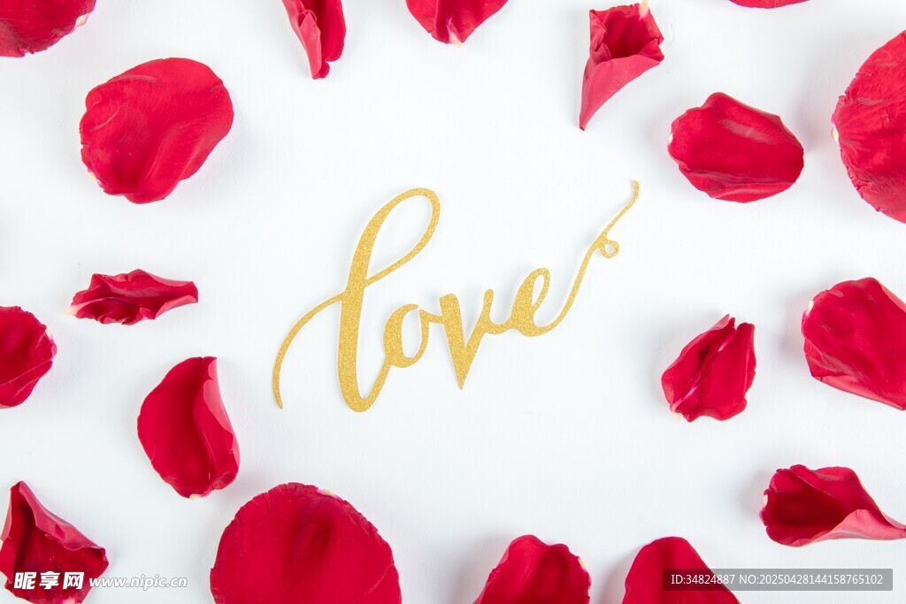 愛心玫瑰花瓣與金色love