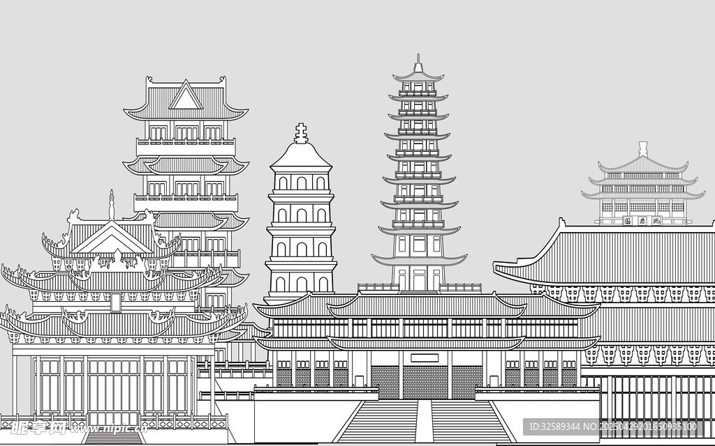 中式古建筑群線條藝術(shù)圖背景