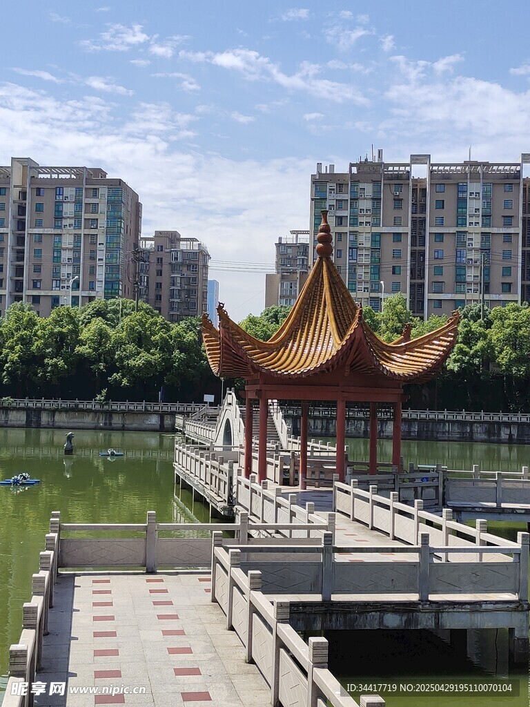 湖畔古亭與現代建筑相映