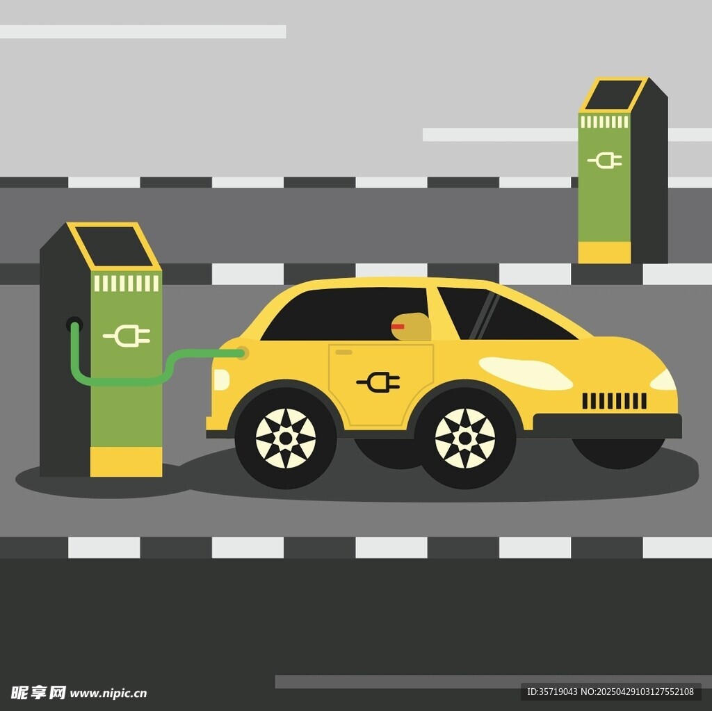 黃色汽車在充電樁旁充電