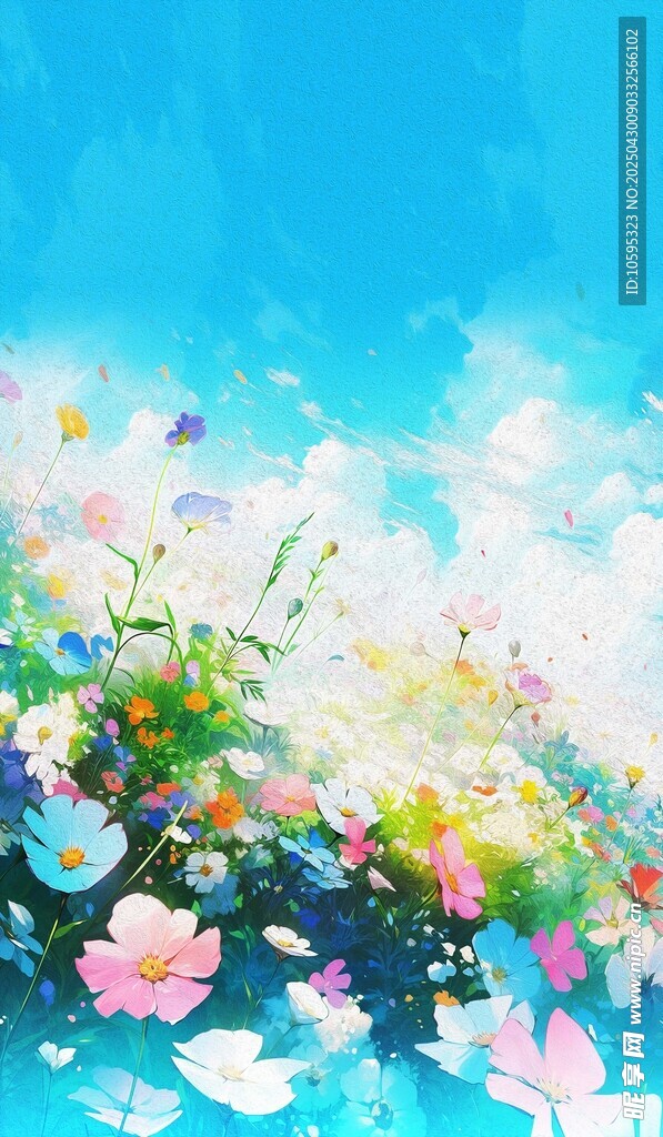 夢幻花海藍天背景