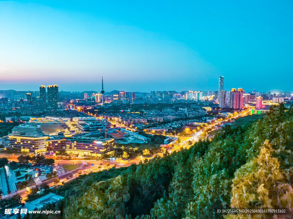 城市夜景與蔥郁山林景觀