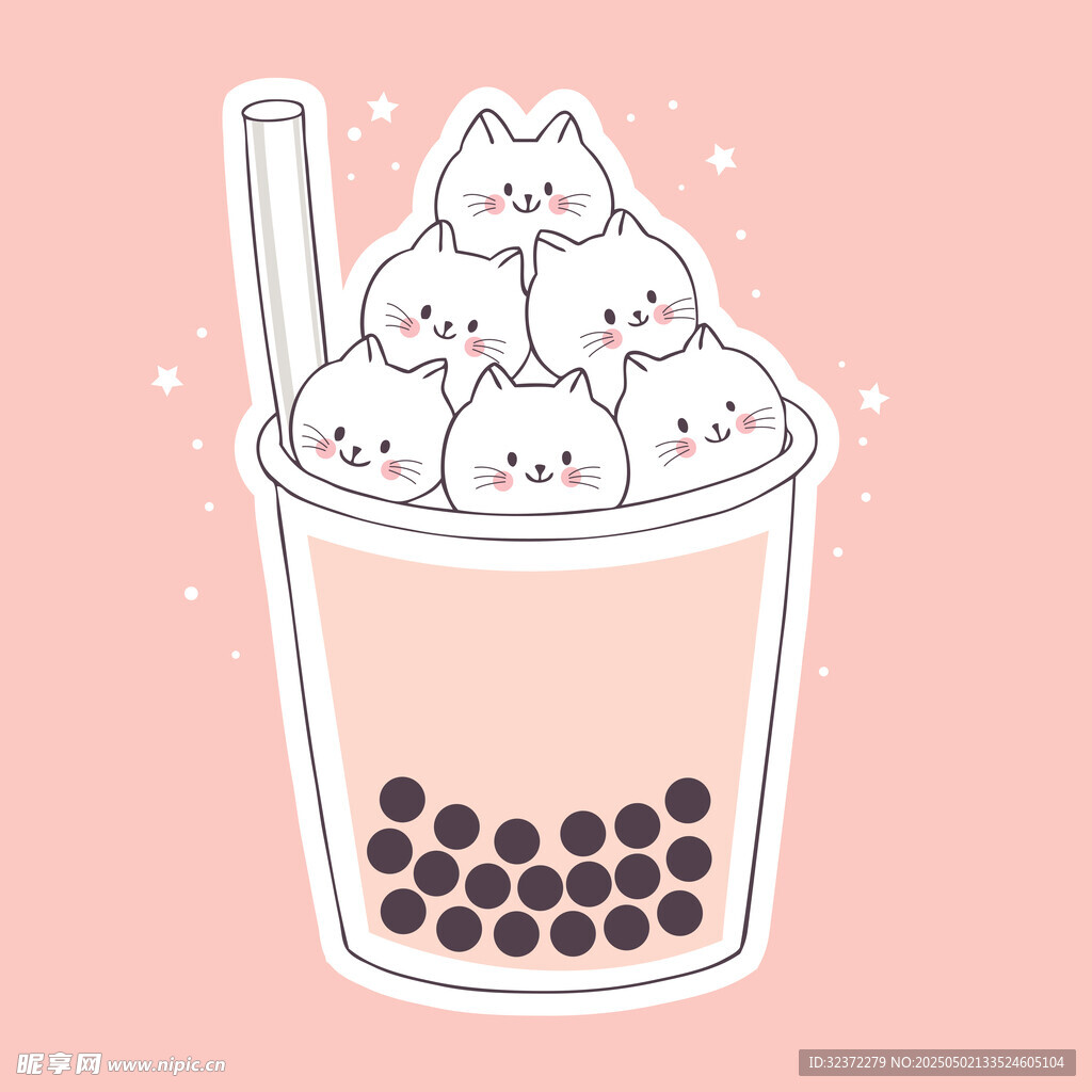 可愛貓咪珍珠奶茶插畫