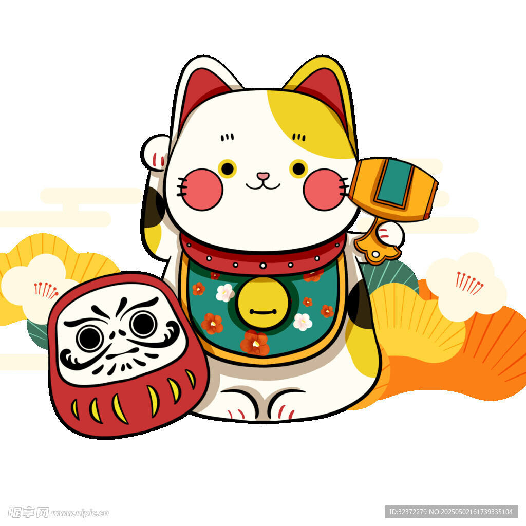 招財貓與達摩擺件插畫