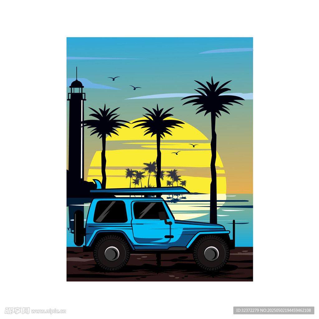海邊夕陽下的藍色吉普車