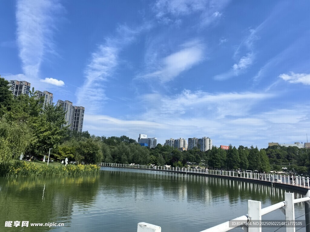 湖畔風光 藍天白云綠樹
