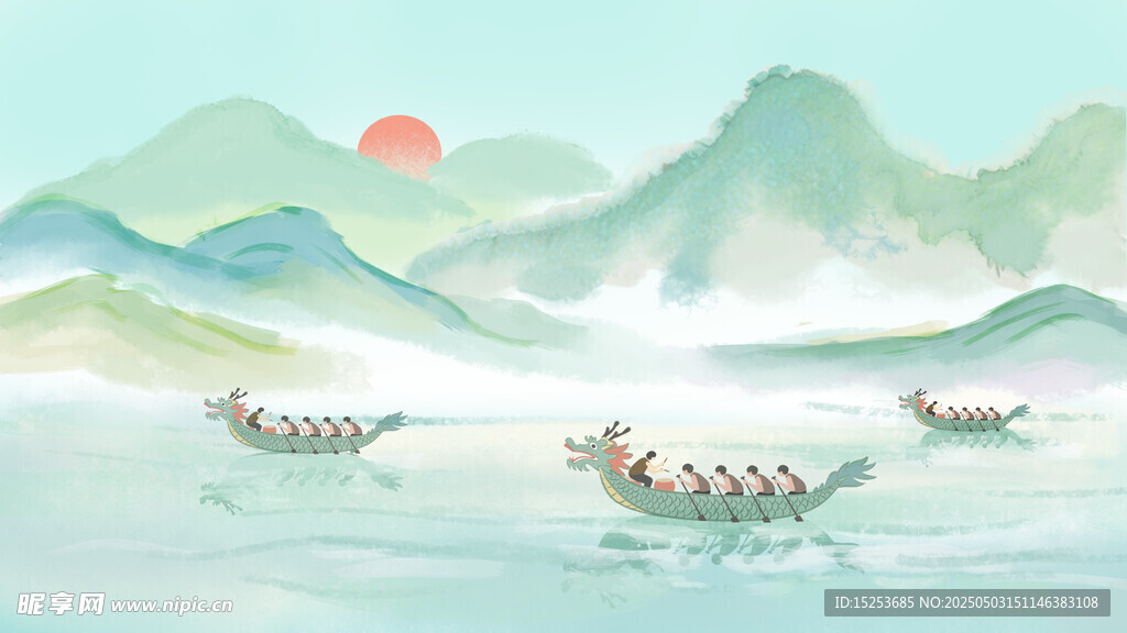 江上龍舟競渡山水間