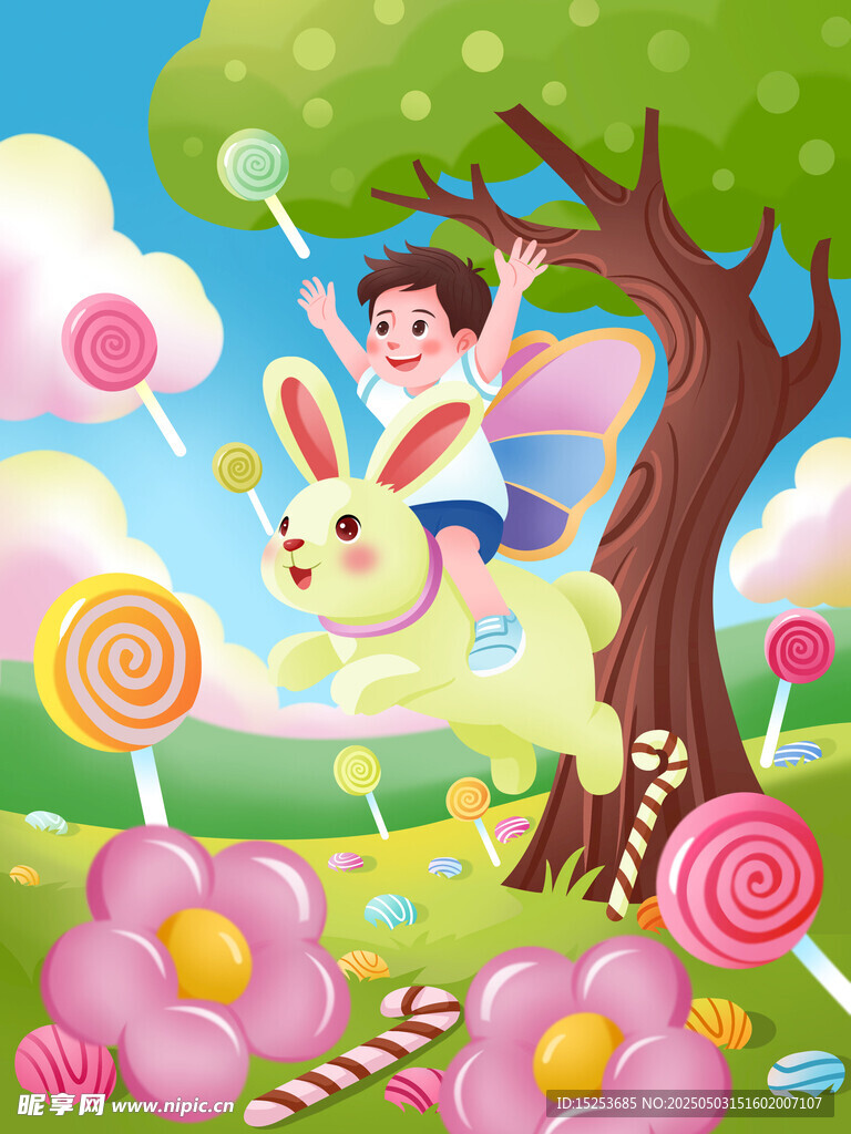 兒童騎兔暢游夢幻糖果世界