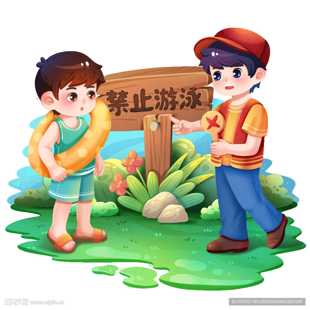 禁止游泳警示牌前的孩子