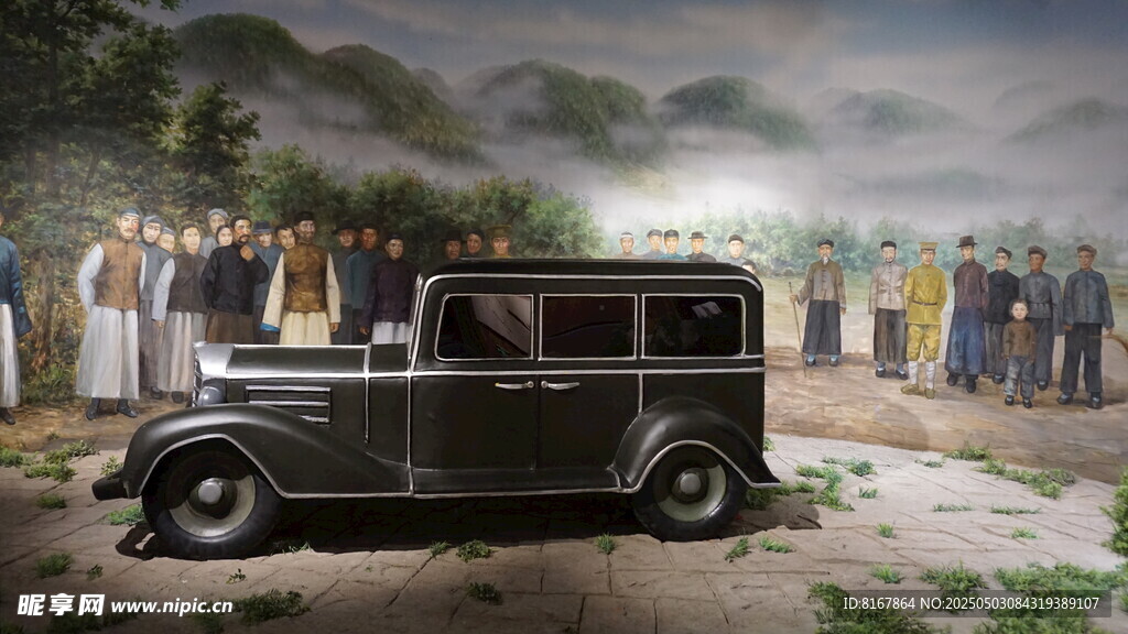 復(fù)古汽車旁的人群場(chǎng)景
