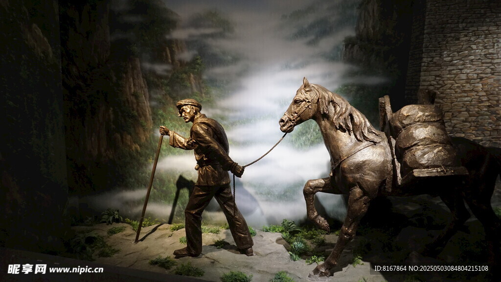 中世紀旅人牽馬于神秘洞穴