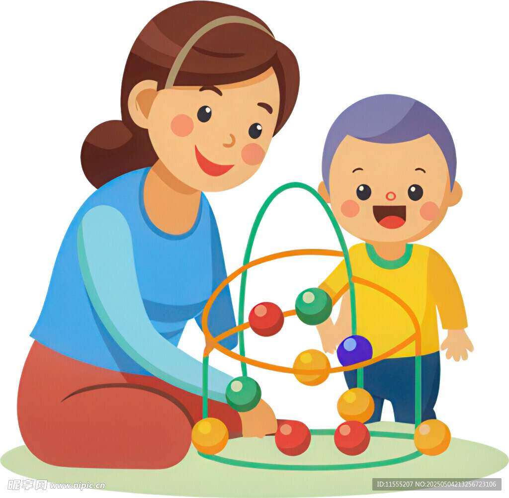 母親陪孩子玩彩色玩具架