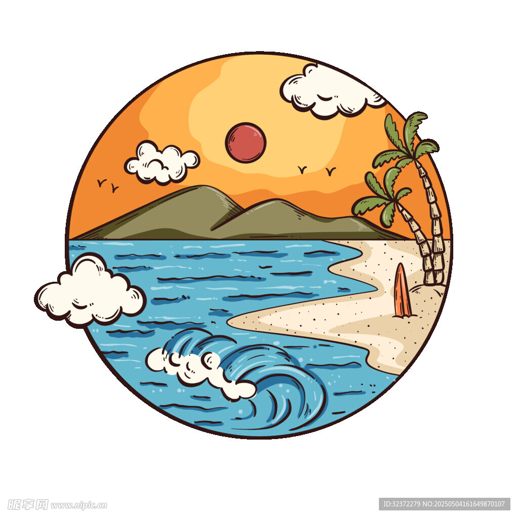 海邊日落風景插畫