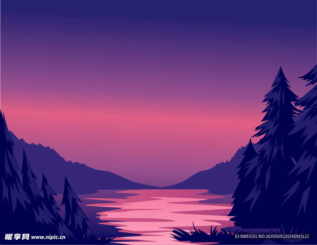 黃昏湖畔山林夢幻美景