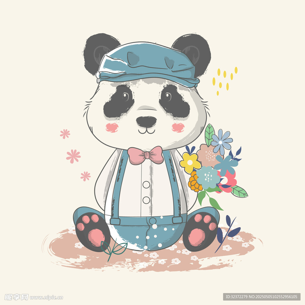 可愛熊貓手持鮮花坐地上