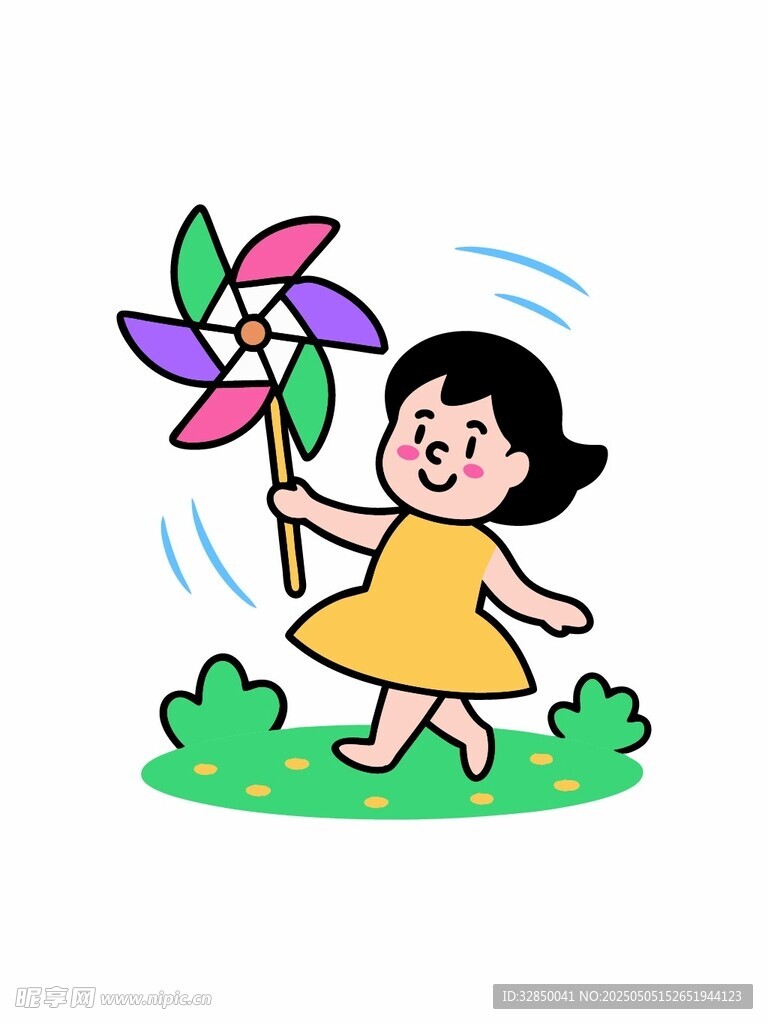 小女孩快樂地奔跑玩風(fēng)車