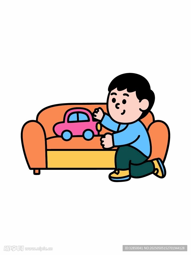 男孩玩沙發旁的玩具車