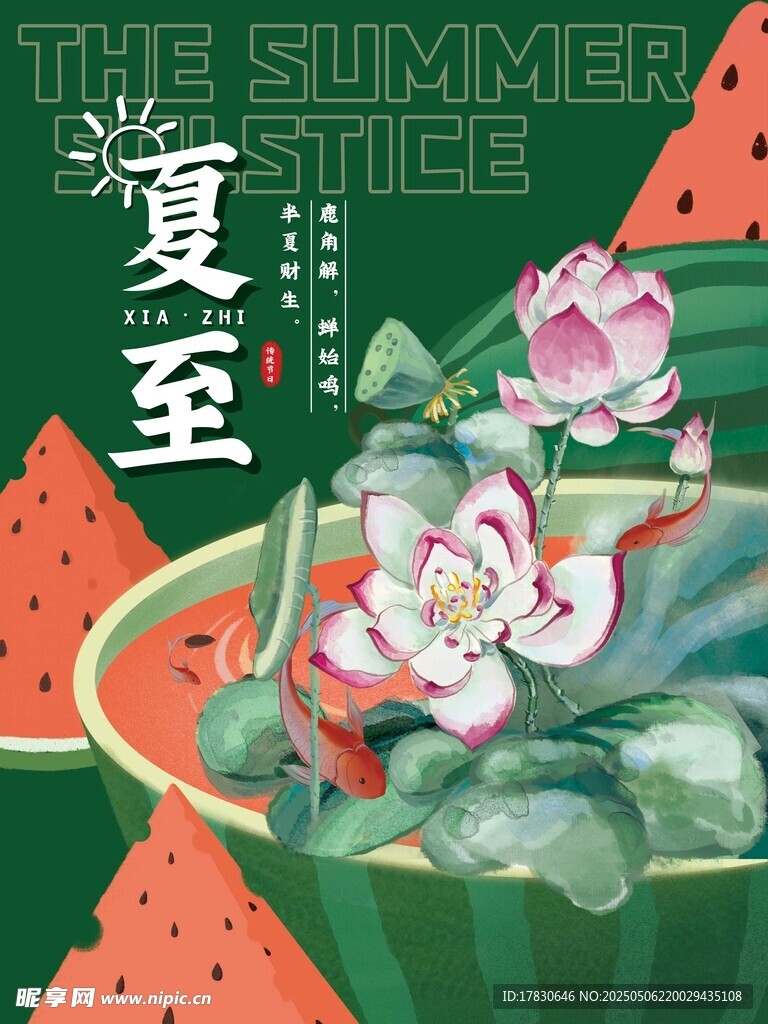 夏至荷花西瓜清新插畫