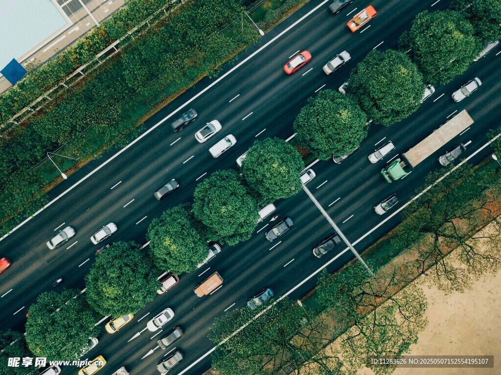 城市道路車流與綠植景觀