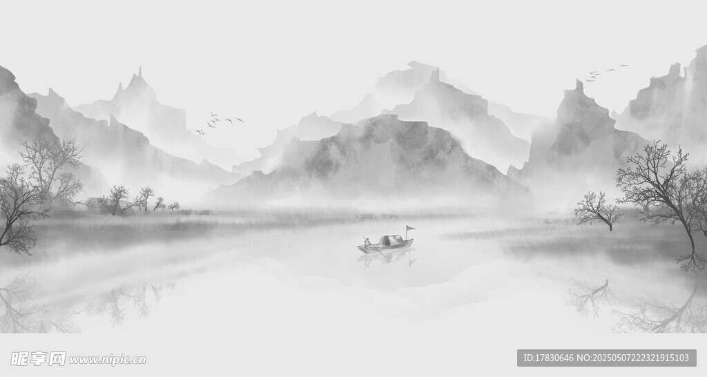 水墨山水間的孤舟意境