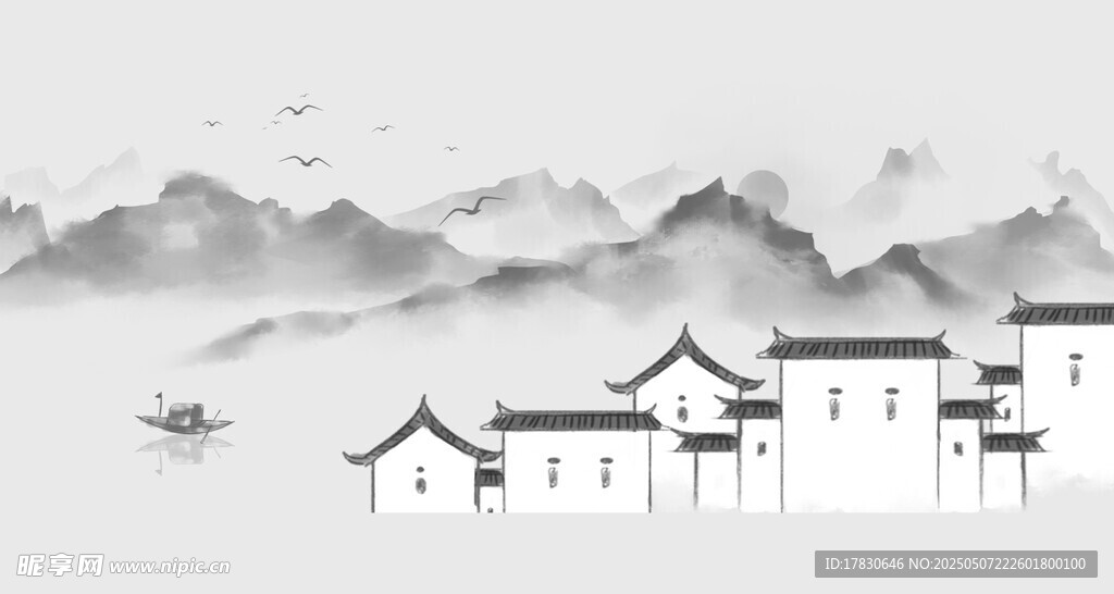 水墨江南民居山水圖景