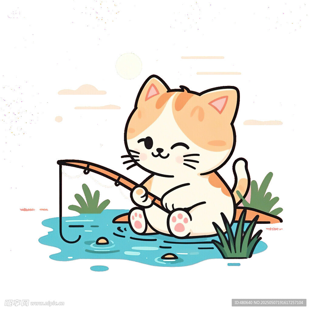 貓咪釣魚卡通畫