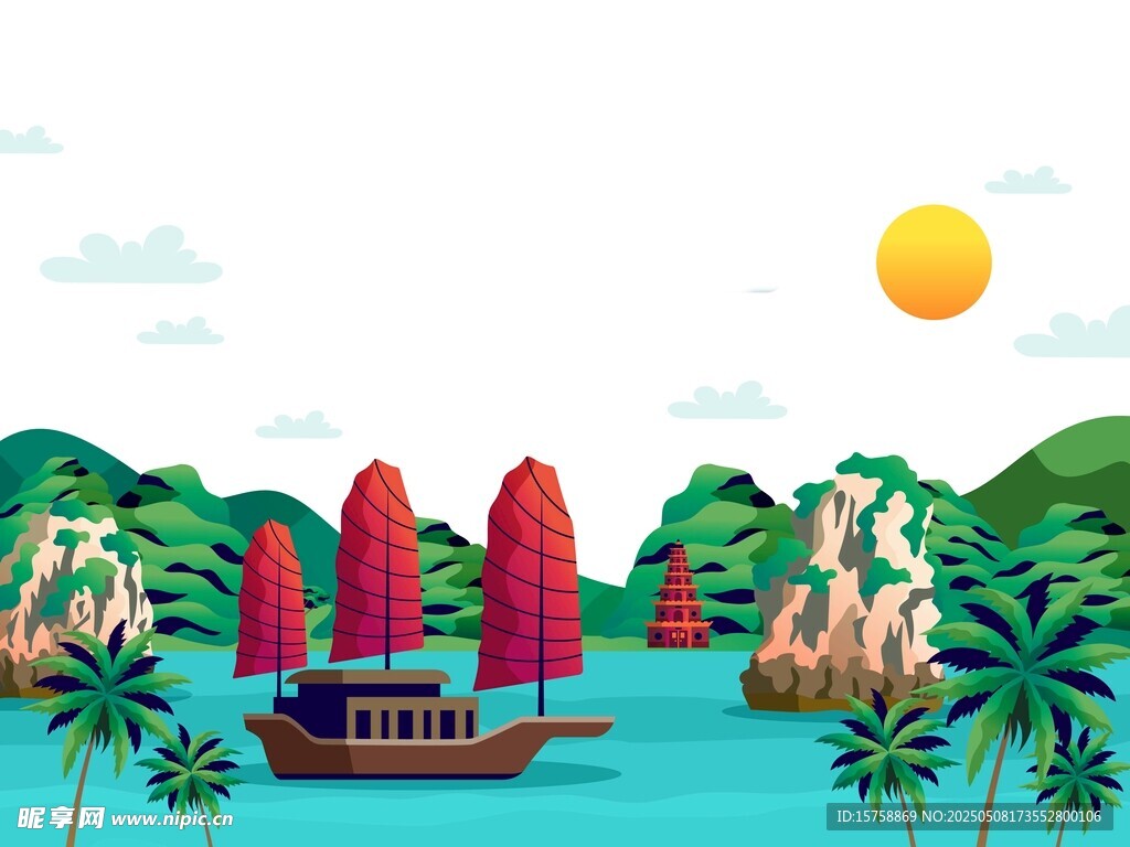 海上紅帆船插圖
