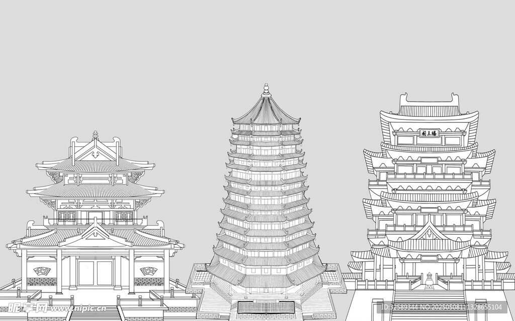 中式古建筑線稿圖