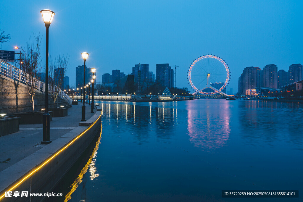 城市湖畔夜景與摩天輪