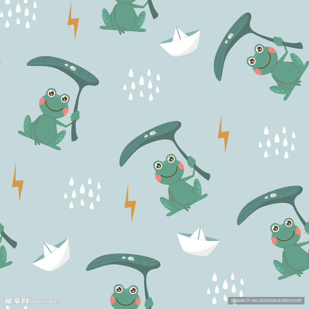 青蛙撐傘雨中趣味圖案