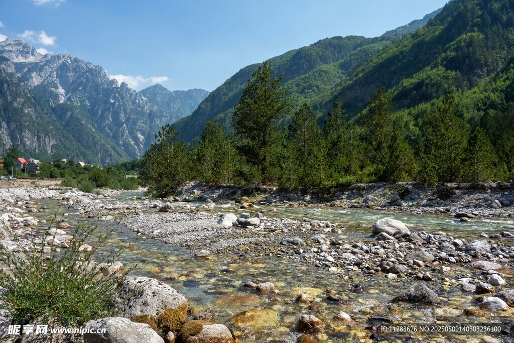 山間溪流旁的秀麗自然景