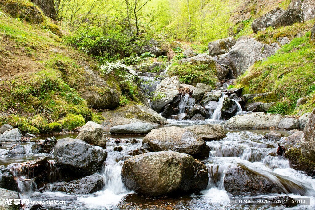 山間溪流潺潺的自然美景