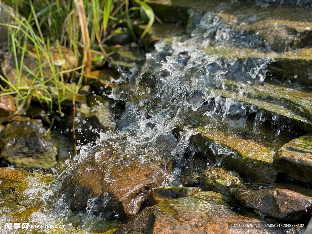 山間溪流潺潺流過石塊