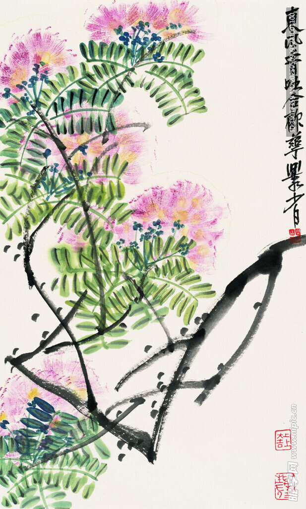水墨合歡花枝頭鳥