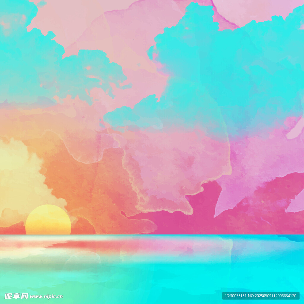 夢幻水彩風海邊日落美景