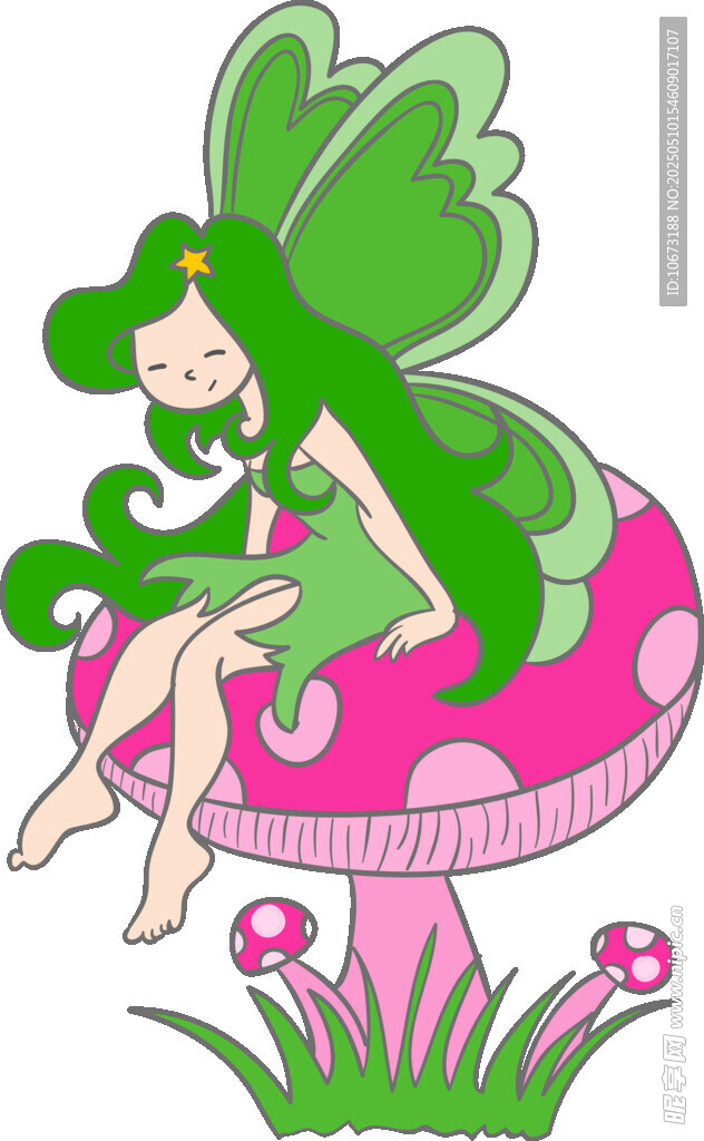 綠發仙女坐于蘑菇上