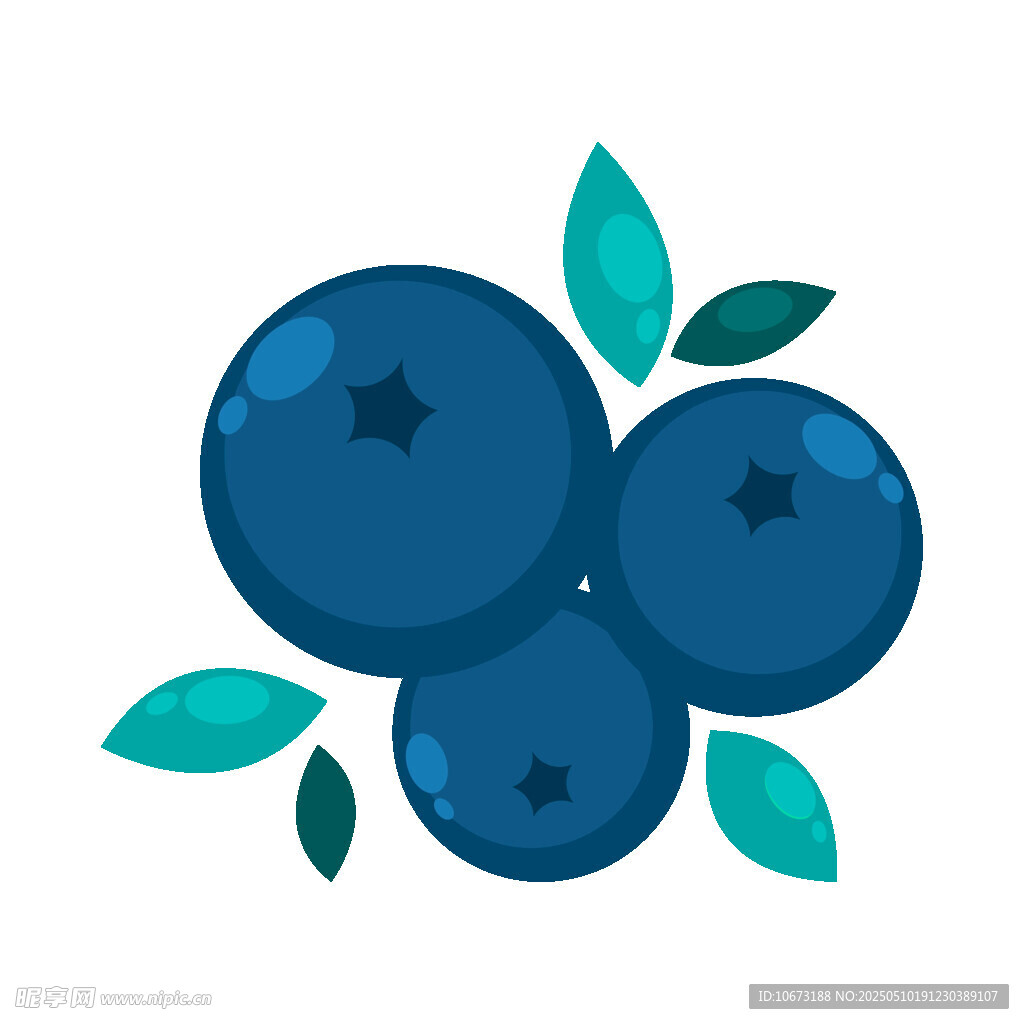 三顆藍莓配綠葉插畫