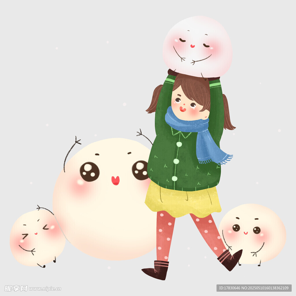 女孩與可愛雪人歡樂同行
