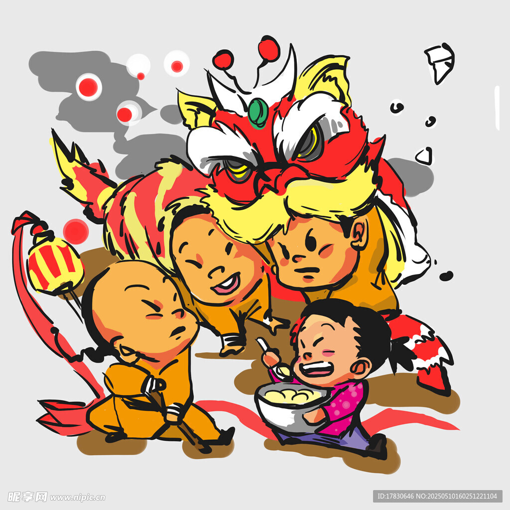 卡通角色共品美食歡樂場景
